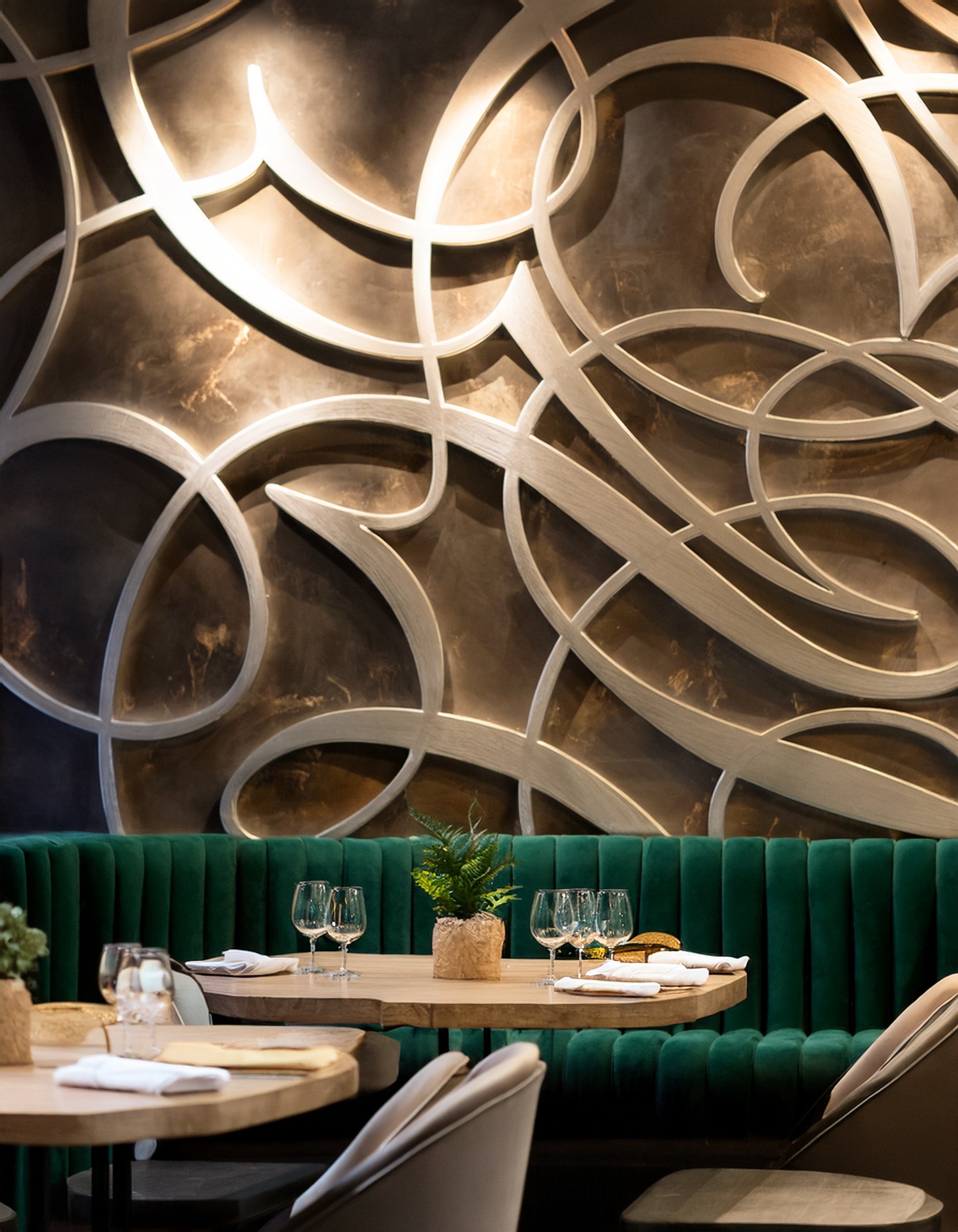 Firefly luxurious restaurant with an accent wall that has a fancy beveled white plaster wall sculptu (7).jpg